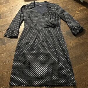 Ann Taylor Loft Womens Dress 6p Black Polka Dot Faux Wrap 3/4 Sleeve Drape Neck